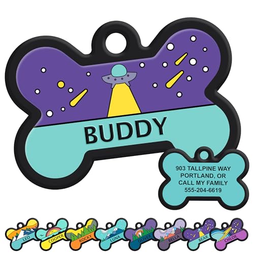 GoTags Silent Dog Tag, Personalized Engraved Bone Silicone Pet ID Tag | Dog and Cat Name, Number Address or Message, 5 Lines Custom Text, Soundless No More Jingling Dog Tags (Space UFO) - size: Bone (Pack of 1), style: Space UFO