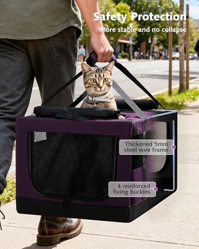 Pecute Dual Compartment Pet Carrier for Multi-Cat Families & Small Dog Owners, Collapsible Dog Crate with Reinforced Steel Frame, Car Safety Design for Travel, Vet Visits & Home Use, Purple - color: Purple