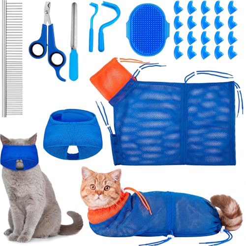 9 Pcs Cat Bathing Bag Set Cat Shower Bag Anti Bite and Scratch for Pet Grooming Washing Brush Comb Muzzle Nail Clipper Nail File Tick Tool (Navy Blue) - color: Navy Blue