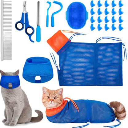 9 Pcs Cat Bathing Bag Set Cat Shower Bag Anti Bite and Scratch for Pet Grooming Washing Brush Comb Muzzle Nail Clipper Nail File Tick Tool (Navy Blue) - color: Navy Blue
