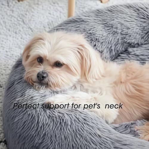 SALAN Calming Donut Dog Bed for Small Dogs and Cats, 16 Inch Round Plush Faux Fur Pet Bed, Washable Fluffy Self Warming Anti Anxiety Cuddler Bed for Puppy, Kitten, Indoor Cats (Brown) - color: Brown