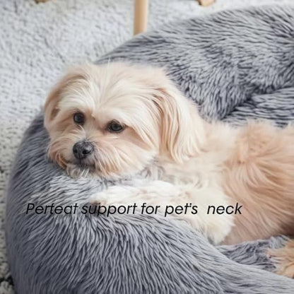 SALAN Calming Donut Dog Bed for Small Dogs and Cats, 16 Inch Round Plush Faux Fur Pet Bed, Washable Fluffy Self Warming Anti Anxiety Cuddler Bed for Puppy, Kitten, Indoor Cats (Brown) - color: Brown