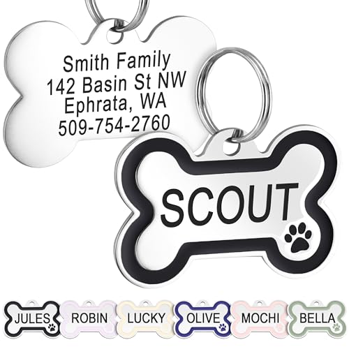 GoTags Stainless Steel Pet ID Bone Round and Heart Shaped Tags with Enamel Paw Design, Personalized Dog and Cat Tags, up to 5 Lines of Custom Text, Engraved on Both Sides (Charcoal, Regular Bone) - color: Charcoal, size: Regular Bone (Pack of 1)