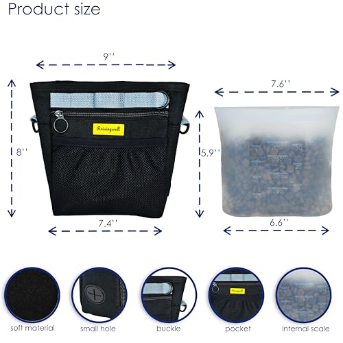 Raisingwell Dog Treat Pouch with Magnetic Closure 4-Cup Silicone Bag Fanny Pack Holder with Clicker 4 Ways to Wear Front Pocket Fits All Phones Ideal for Leash, Pet Walking and Training（Black） - color: F.Black, size: 4CUP