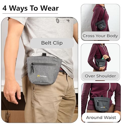 Barkingly. Dog Treat Pouch for Pet Training with Clicker. No Spill Magnetic Closure, 4 Ways to Wear, Detachable Waist Belt and Clip, Durable, One Handed Training, Waterproof Body. Treat Bag Pouches.