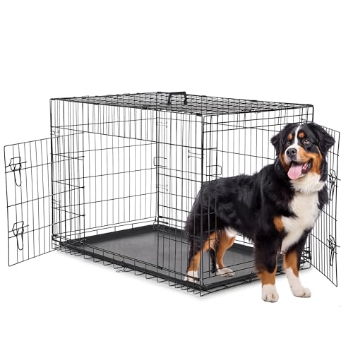 48 Inch Large Double Door Dog Crate for Pets with Divider Panel, Folding Metal Wire Kennel with Leak-Proof Tray, Secure Latches for Large Dogs, Ideal for Training & Travel - color: Black/Double Door, size: 48.4"L x 29.3"W x 31.3"H