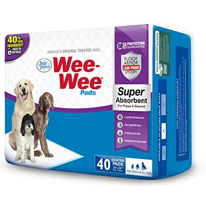 Four Paws Wee-Wee Super Absorbent Unscented Pee Pads for Dogs & Puppies with Insta-Rise Border, Leak-Proof Dog Housebreaking Potty Training Floor Protection, 24" x 24", 40 Count - size: 40 Count