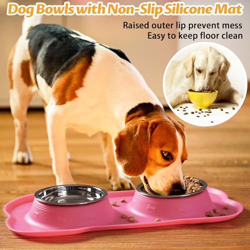 Hubulk Pet Dog Bowls 2 Stainless Steel Dog Bowl with No Spill Non-Skid Silicone Mat + Pet Food Scoop Water and Food Feeder Bowls for Feeding Small Medium Large Dogs Cats Puppies (S, Pink) - color: Pink, size: Small