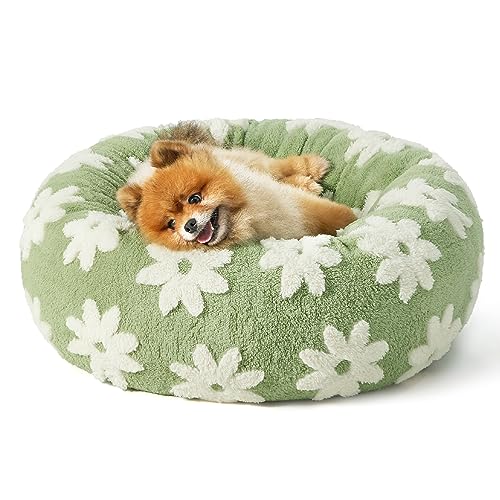LE SURE Shown on TV Small Dog and Cat Bed - Round Calming Beds as Present for Pets, Cute Modern Home Decor with Jacquard Shaggy Plush & Anti-Slip Bottom, 23 Inch, Green - color: Flower Garden Green, size: 23.0"L x 23.0"W x 7.0"Th