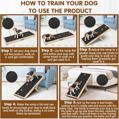 Dog Ramp for Couch with Non-Slip Silicone Mat, 39" Wooden Pet Ramps for Small Dogs, Hold up to 100lb, Adjustable Height from 11.41" to 20.47", Portable Stable Pet Step for Sofa Stairs - size: 39.37"L x 15.75"W x 1.97"H