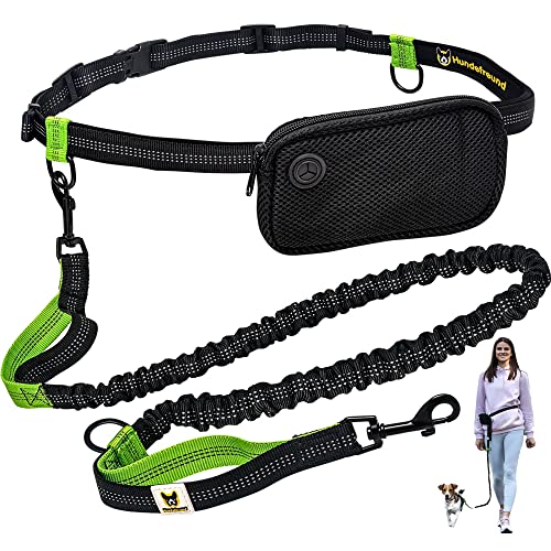 Hundefreund Hands-Free Dog Leash for Small Dogs 10 to 30 lbs - Lightweight Waist Leash with Bungee (43–63"), Padded Belt (26–47") & Pouch – Dual Handles, Reflective Stitching for Walking & Jogging