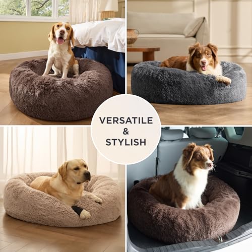 Bedsure SupportMax™ Calming Dog Bed Medium Size Dog - 30in Donut Round Washable Medium Pet Bed,Anti-Slip＆Removable Cover,420GSM Anti-Anxiety Fluffy Plush Faux Fur,Fits up to 45 lbs Pets - color: Camel, size: M(30x30x7)