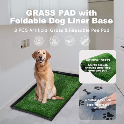 HQ4US 4LEGS Dog Grass Pad with Foldable Dog Litter Box,Large Liner Base for Balcony，Ultra-Absorbent Artificial Grass Pads for Dogs Pee Pad Holder, Potty Training, 2 PCS Reusable Pee Pad - size: Large for Dog＜ 28" Length