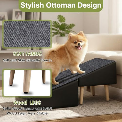 Split Ottoman Dogs Ramp, Dog Ramp for Couch and Bed, Dog Stairs for Small Dogs and Cats, 2-in-1 Foldable Wooden Pet Stairs and Ottoman, Non-Slip Fabric Surface Ramp for Couch and Bed Black - color: Black