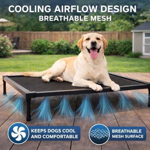 Elevated Dog Bed, Dog Cot for Large Dogs, Aluminum Frame with Chew-Resistant PVC Fabric, Supports Up to 150 lbs, Indoor and Outdoor Use, Hardware Included, 49.25" x 32.75" x 7" - size: Large