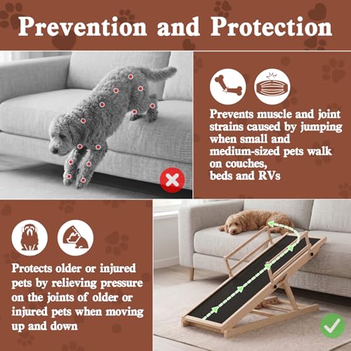 Dog Ramp for Bed Couch, 47" Long Pet Steps for Small Medium Dogs | 6 Heights 20.3"-27", Holds 200 lbs, Foldable, 2 Safety Side Rails, For Older/Injured Pets, Solid Wood, Anti-slip Yoga Mat - size: 47"L x 16"W x 3.3"H