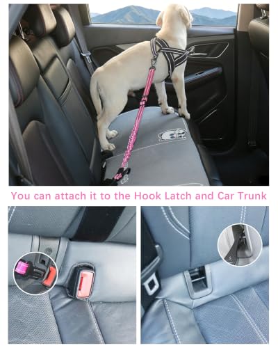AUBELL Dog Seat Belt for Car,Updated 3-in-1 Adjustable Reflective Bungee Heavy Duty Dog Car Harness Tether with Clip Hook Latch & Buckle,Swivel Zinc Alloy Carabiner,Hotpink - color: Hotpink