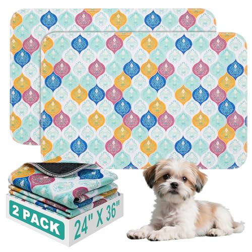 Washable Pee Pads for Dogs, Stylish Absorbent Reusable Training Dog Pads, Non-Slip and Leak-Proof Puppy Pads, Potty Pads for Crates, Whelping, Playpen, Bed and Floors, Bohemian Pattern 2 Pack 24" x36" - color: Colorful, size: 24" x 36" 2PACK