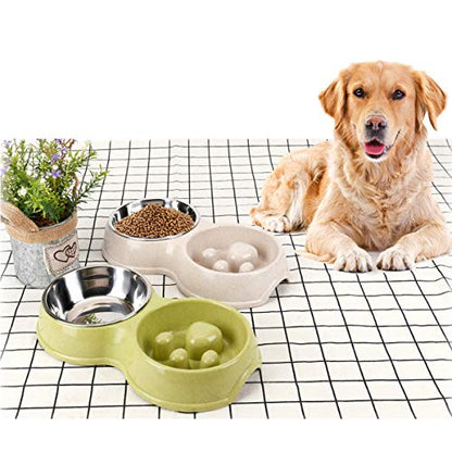 Tineer Double Pet Dog Slow Feeder Bowl,Stainless Steel Anti-Choke Puppy Food and Water Feeder for Dog Cats (White) - color: White
