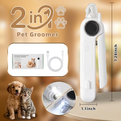 2-in-1 Cat Nail Clippers & Dog Nail Clippers with Light, Rechargeable Pet Nail Trimmer for Dogs & Cats, Quiet Electric Nail File with Safety Guard, Nail Catcher & 3 Speeds for Small Medium Large Pets - color: white