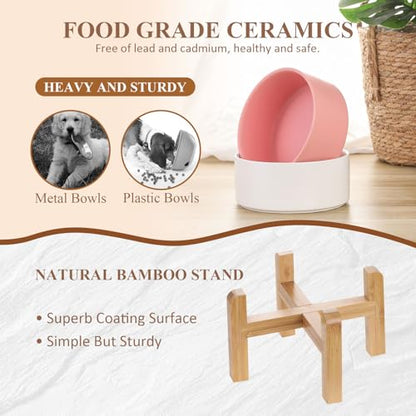 LIONWEI LIONWELI Ceramic Raised Dog Bowls, Medium - Set of 2 - Non Slip Wood Stand - Anti Vomiting - 850 ml - White - color: White, size: Medium-2