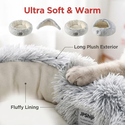 Cozy Zipper Convertible Cat Bed Cave, 2 in 1 Round Plush Donut Dog Bed with Removable Hood, Warm Fuzzy Enclosed Pet Nest Bed for Small Dogs Kittens, Machine Washable (Grey, 19.7 in Small Size) - color: Grey, size: 19.7 in Small Size