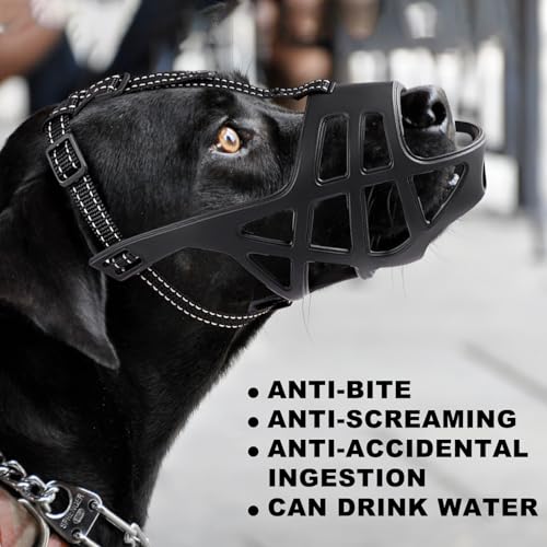 Breathable Basket Dog Muzzle - Adjustable for Small to X-Large Dogs, Allows Panting & Drinking, Safe for Training, Grooming & Vet Visits (Black)