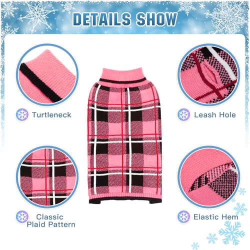 KOOLTAIL Dog Sweater Pet Knitted Clothes - Classic Plaid Pull Over Turtleneck Dog Sweaters with Leash Hole Warm Dogs Winter Pet Clothing for Small Medium Dogs Cats Puppy S - color: Plaid Pink, size: Small