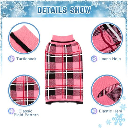 KOOLTAIL Dog Sweater Pet Knitted Clothes - Classic Plaid Pull Over Turtleneck Dog Sweaters with Leash Hole Warm Dogs Winter Pet Clothing for Small Medium Dogs Cats Puppy S - color: Plaid Pink, size: Small