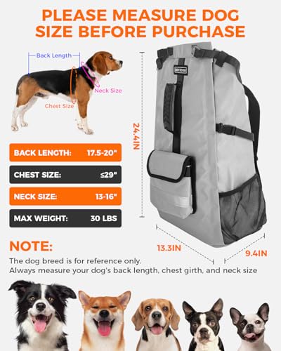 Waterproof Dog Backpack Carrier for Medium Dogs Under 30 lb, Grey | 4-Layer Protection, Adjustable Dog Hiking Backpack with Storage Pockets, Reflective Strips, Non-Slip Handle for Travel - size: 13.3"L x 9.4"W x 24.4"H