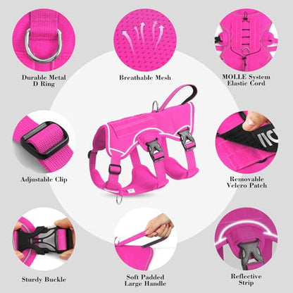 VOOPET Escape Proof Dog Harness, Soft Padded Full Body Pet Harness, Reflective No Pull Dog Harness with Handle and 2 Leash Clips for Large Dogs Walking Hiking Training (Rose Pink,XL)