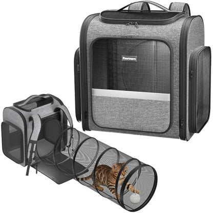 Cat Backpack with Detachable Play Tunnel, 2 in 1 Cat Tunnel Backpack Suitable for Carrying & Playing, Expandable Dog Backpack for Small Medium Kitten Puppy, Suitable for Travel Hiking Camping - color: Grey+Tunnel