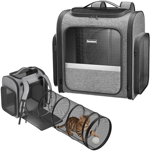 Cat Backpack with Detachable Play Tunnel, 2 in 1 Cat Tunnel Backpack Suitable for Carrying & Playing, Expandable Dog Backpack for Small Medium Kitten Puppy, Suitable for Travel Hiking Camping - color: Grey+Tunnel
