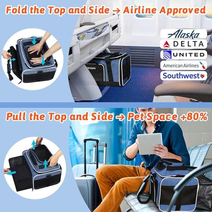 Petskd Top and Side Expandable Pet Carrier 17x11x9.5 Inches Alaska Airline Approved, Soft-Sided Carrier for Small Cats and Dogs with Locking Safety Zippers and Anti-Scratch Mesh(Blue) - color: Blue, size: 17.0"L x 11.0"W x 9.5"H