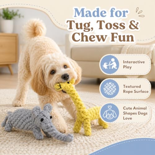 ADUCK Puppy Dog Rope Toy for Teeth Cleaning, Chew-Proof Dental Care & Interactive Training Reward | Durable Cotton Gray Elephant & Yellow Giraffe for Small & Medium Dogs - color: Elephant and Giraffe