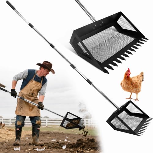 15inch Extra Large Chicken Poop Scooper,Adjustable Chicken Coop Scooper for Poop，Stainless Steel Chicken Poop Scooper Rake with 24 to 68" Handle,Litter Scooper Sifting Shovel Chicken Coop - color: Black