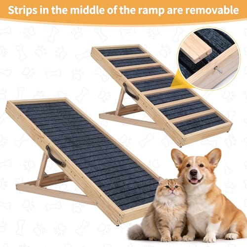 Adjustable Wooden Dog Ramp for Bed and Couch - 39" Folding Pet Ramp with 4 Heights and Non-Slip Safety Rails for 132lbs Small, Medium, and Senior Dogs - size: 39"L