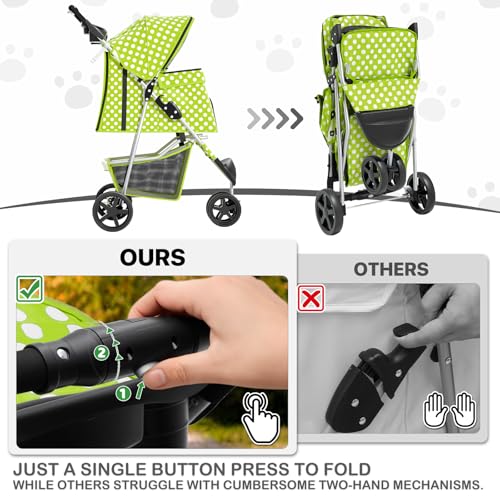 MoNiBloom 3 Wheels Pet Dog Cat Stroller for Small Medium Dogs Cats, Foldable Jogger Stroller w/Storage Basket and Cup Holder, Lawn Green Polka Dots - color: Lawn Green Polka Dots