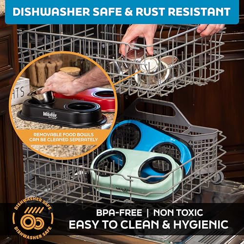 Master Pet Supply Double Dog Bowls Set with Elevated Base and 2 (8 oz) Stainless Steel Removable Dishes (True Blue) – Double Cat Food Water Bowl, Dog Puppy Food Bowl Set, Rust Resistant - color: True Blue