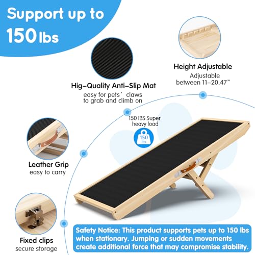 Dog Ramp for Couch with Non-Slip Silicone Mat, 39" Wooden Pet Ramps for Small Dogs, Hold up to 100lb, Adjustable Height from 11.41" to 20.47", Portable Stable Pet Step for Sofa Stairs - size: 39.37"L x 15.75"W x 1.97"H