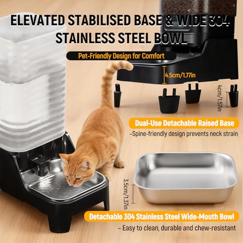 Marchul 7L Automatic Cat Feeder and 8L Automatic Gravity Pet Water Dispenser with Patented Faucet, Stainless Steel Bowl, Adjustable Elevated Base, Battery Operated, Timed Feeder