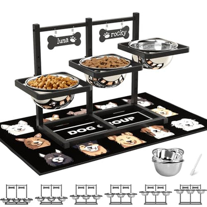 SHAINFUN Elevated Dog Bowls for Medium/Large Dogs with Mat, 6 Height Adjustable Raised Dog Bowls, Three Large 58oz Food Water Stainless Steel Bowls - size: Three 58oz Dog Bowl & Mat