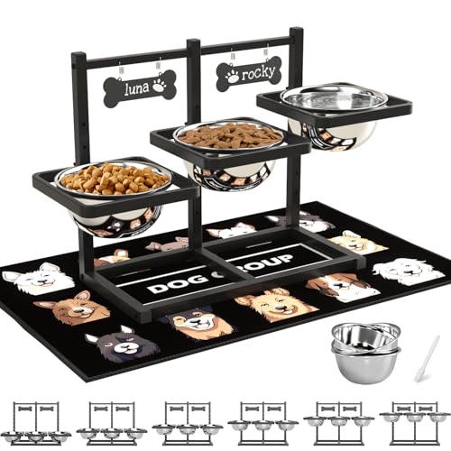 SHAINFUN Elevated Dog Bowls for Medium/Large Dogs with Mat, 6 Height Adjustable Raised Dog Bowls, Three Large 58oz Food Water Stainless Steel Bowls - size: Three 58oz Dog Bowl & Mat