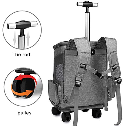 Wheeled Pet Carrier Backpack Pet Stroller, Travel Carrier, Car Seat for Small Dogs Cats Puppies, Comfort Cat Backpack Removable Rolling Wheels – Mesh Ventilation Windows (Grey) - color: Standard Grey