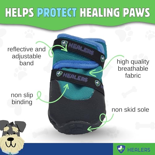 Healers Urban Walkers III Dog Boots – Paw Protection with Non-Slip Rubber Sole, Waterproof Breathable, Reflective Pet Booties for Dogs – Secure Hook and Loop Closure – 4-Pack Booties, Teal Blue, Large - size: Large