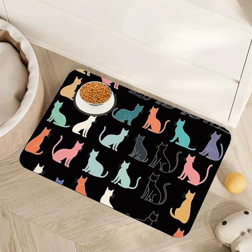 Cute Cat Dog Food Mat,Colorful Silhouette Absorbent Pet Feeding Mat with Rubber Backing,Non-Slip Water Bowl Placemat,Indoor Pet Accessories Supplies 12"x20" - color: Cute Cat Colorful Silhouette, size: 20"L x 12"W