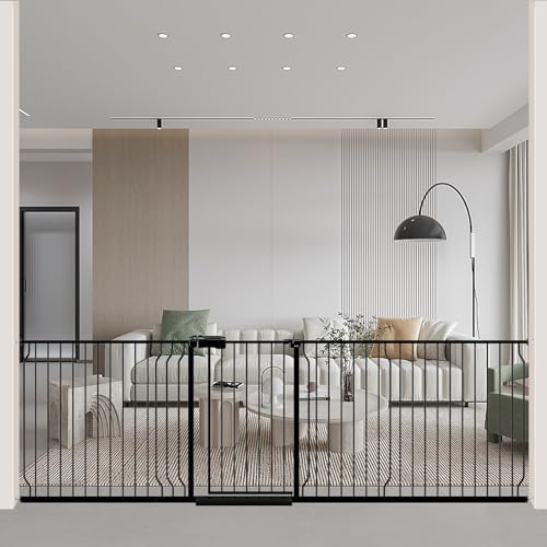 WAOWAO Baby Gate 254-277.9cm(100-110인치) 엑스트라 와이드 압력 장착 워크 스루 스윙 자동 닫힘 안전 블랙 메탈 유아 어린이 개 애완동물 강아지 계단, 출입구, 주방용 - color: 블랙., size: 100-109.45"/254-278cm