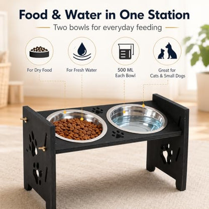Elevated Cat Bowls, Adjustable Raised Pet Bowls with 2 Stainless Steel Bowls, Wooden Feeding Stand for Cats and Small Dogs, Double Food and Water Feeder, 500 ml Each Bowl, Black