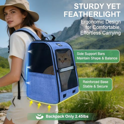 Cat Backpack Carrier with Ventilation Mesh and Safety Leash, Lightweight Dog Travel Backpack with Pockets, Reflective Strip, and Removable Mat,Hiking and Outdoor Use,Blue