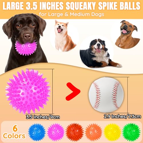 LECHONG 6-Pack 3.5” Squeaky Dog Balls, Durable Soft Spiky Chew Rubber Fetch Toy Balls for Large Medium Aggressive Chewers Teeth Cleaning Chewing Playing Training & Boredom Buster Indoors Outdoors - size: M 6PACK